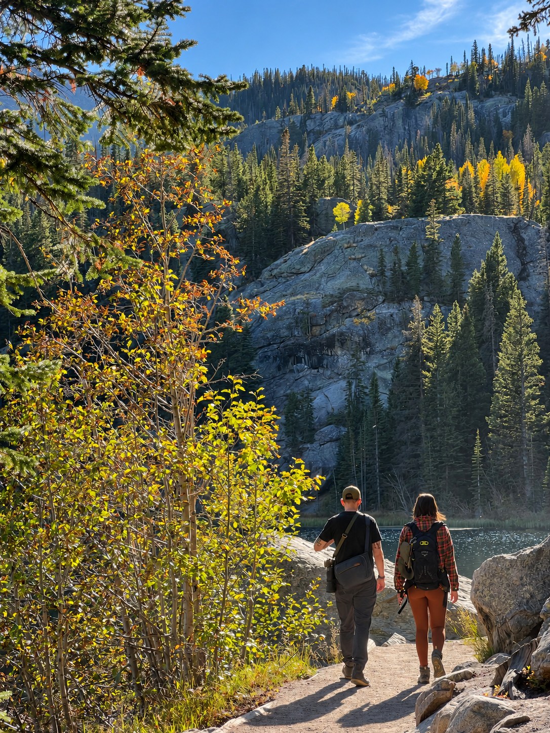 Two hikers walking toward a mountain lake among evergreens and autumn foliage